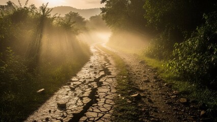 Dirt road winding through dense green forest illuminated by warm sunlight creating mystical atmosphere after rain