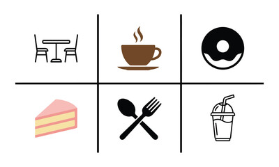 Cafe icons representing food drinks and dining table setting