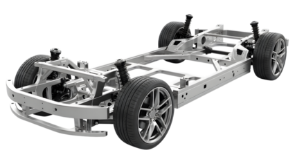 Automotive chassis with suspension and wheels silver metal frame isolated on a transparent background