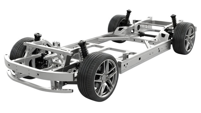 Automotive chassis with suspension and wheels silver metal frame isolated on a transparent background