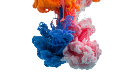 Colorful Abstract Ink Droplets Composition Featuring Orange Pink and Blue in Water Against Transparent Background Creates Ethereal and Dynamic Effect Length 200 Characters