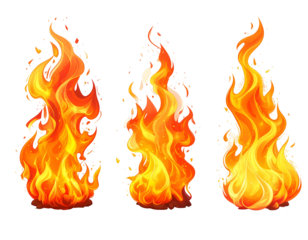 Three vibrant cartoon fires with glowing orange and yellow flames