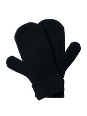 A pair of dark blue knitted winter mittens with a textured pattern isolated on transparent background