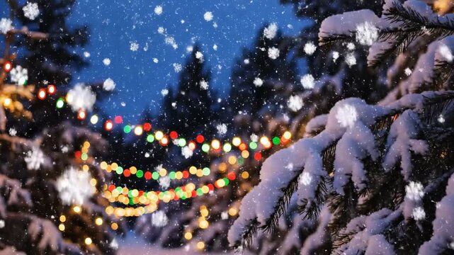 A frog and lizard in the water and a lizard on a tree, illustrating a cold winter night landscape with snowflakes and Christmas light decorations