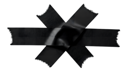 Black Duct Tape Strips Overlapping in a Cross Shape with Torn Edges isolated on a transparent background