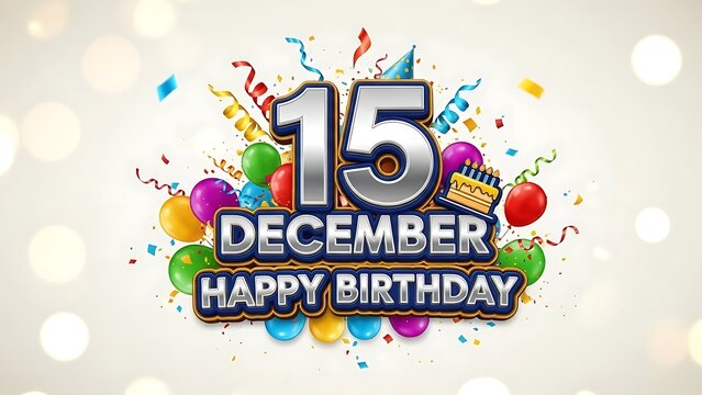 Celebrate a magical 15th December birthday with joyous balloons, cake, and festive confetti decorations