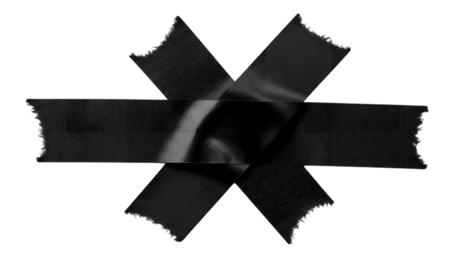 Black Duct Tape Strips Overlapping in a Cross Shape with Torn Edges isolated on a transparent background