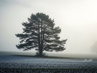 Solitary pine tree silhouette standing in a frosty, foggy field during a cold winter morning with soft diffused light
