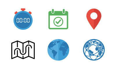 Collection of icons representing time location and global concepts