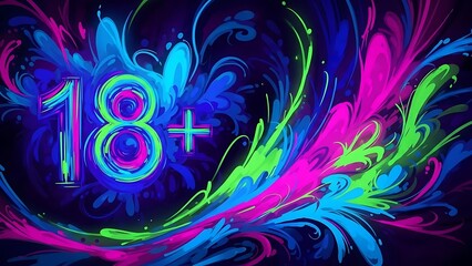 Eighteen plus celebration design with vibrant neon colors for party invitation or birthday announcement background
