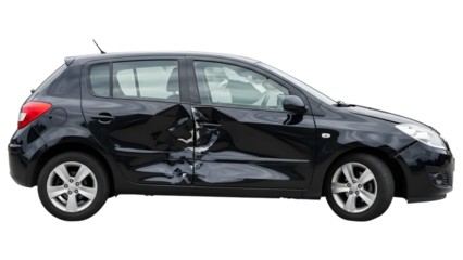 Black hatchback car with severe damage to the driver's side doors and bodywork isolated on a transparent background