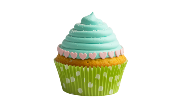 Delicious Cupcake with Blue Icing and Pink Hearts on Transparent Background Sweet Treat Bakery Confection Dessert Sugar Sprinkle Pastry Frosting