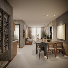 3d render modern living room dining space