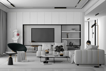 3d render modern living room dining space