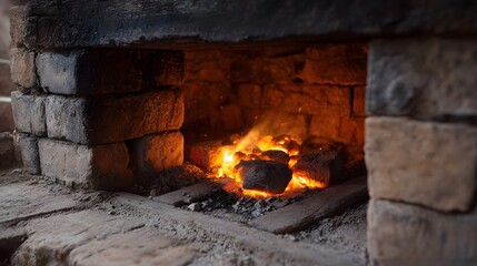 Close up of a rustic ancient brick oven interior filled with intensely glowing embers and vibrant flames suggesting heat and traditional cooking