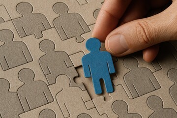 Hand placing a blue puzzle piece shaped like a person into a background of gray human figures, symbolizing individuality and teamwork in collaboration. Concept of unity and diversity.