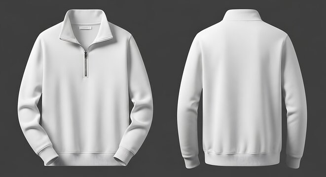 White quarter zip sweatshirt mockup, front and back view, perfect for showcasing casual and comfortable apparel designs