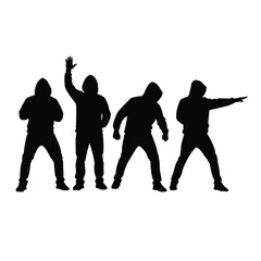Black silhouettes of four young men wearing hoodies in various standing and aggressive poses isolated on a white background