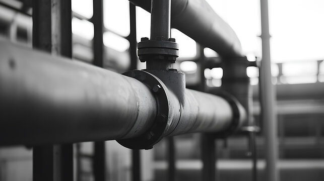 Industrial piping infrastructure with intricate connections. An ode to the unsung heroes of fluid transport, capturing a raw industrial essence in grayscale.