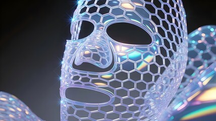 Holographic sheet mask with iridescent geometric mesh pattern &ndash; Great for beauty technology, spa wellness, or sci-fi concepts.