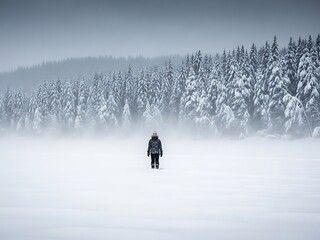 A lone hiker wearing winter gear walks across a vast, snowy field towards a dense forest covered in snow under a gray sky