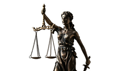Bronze Lady Justice statue holding scales and sword with draped fabric isolated on a transparent background