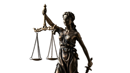 Bronze Lady Justice statue holding scales and sword with draped fabric isolated on a transparent background