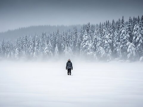 A lone hiker wearing winter gear walks across a vast, snowy field towards a dense forest covered in snow under a gray sky