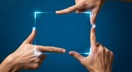 Multiple hands creating a glowing digital frame on a blue background.
