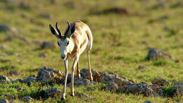 Elegant Springbok antelope leaps across the grassland with rocks, wildlife, animal.