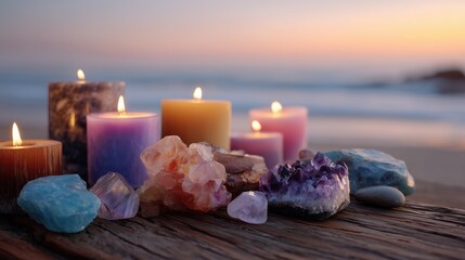 Colorful candles and crystals placed on a wooden surface by the beach during sunset