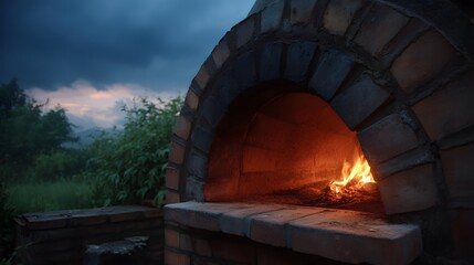 A rustic brick oven glows with fire at twilight under a stormy sky
