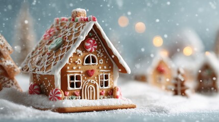 Gingerbread house on snow-covered ground with candy decorations during holiday season celebration