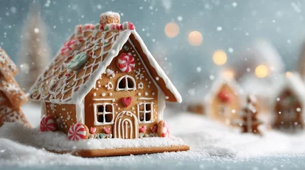 Gingerbread house on snow-covered ground with candy decorations during holiday season celebration © Maryna