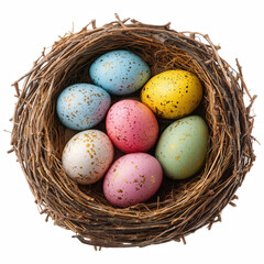 Obraz premium Colorful Speckled Easter Eggs in Bird Nest Isolated on Transparent Background 