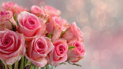 Fresh pink roses with water droplets on petals arranged in a close-up display for a special occasion or celebration
