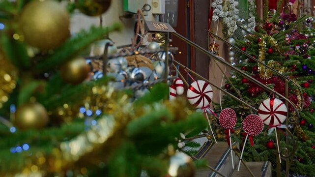 Eguisheim, France - 3.12.2025: A small, beautiful village decorated for Christmas. People stroll through the beautifully decorated streets of the French village of Eguisheim