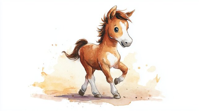 Cartoon horse running in a playful manner on a plain background with light splashes of color