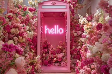 Pink phone booth with neon hello sign surrounded by colorful flowers