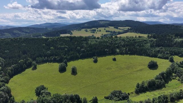 Aerial drone summer panoramic view of Ladek Zdroj town nestled in scenic Klodzko Valley Poland, surrounded by lush greenery and rolling hills of the Golden Mountains
