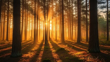 Obraz premium Ethereal Golden Sun Rays Pierce Dense Pine Forest Illuminating Mossy Ground at Dawn.