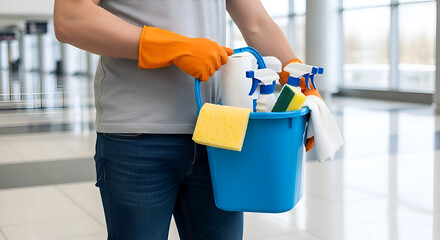 Professional cleaner holding a blue bucket with cleaning products and tools.