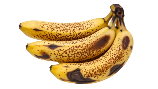 Bunch of ripe yellow bananas with brown spots and dark bruises isolated on a transparent background fruit
