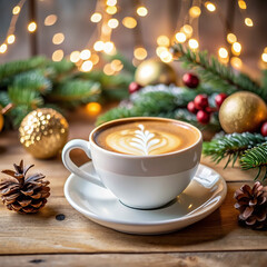 Cup of coffee surrounded by Christmas decorations