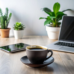 Morning coffee at the office desk