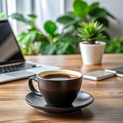 Morning coffee at the office desk