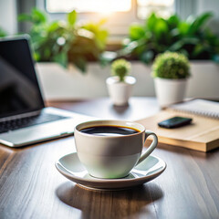 Morning coffee at the office desk