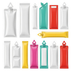 3d food sauce pouches collection isolated on transparent background