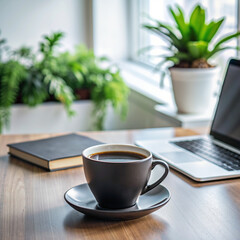 Morning coffee at the office desk