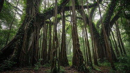 Fototapeta premium Giant Banyan Trees Aerial Roots in Sun-Dappled Tropical Rainforest Canopy Mystical Jungle Atmosphere.